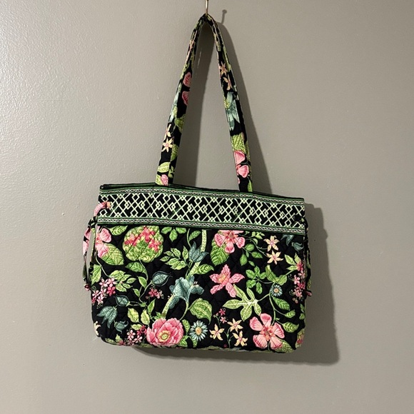 Vera Bradley Black Tote with Pink and Green Floral Pattern - Picture 1 of 10